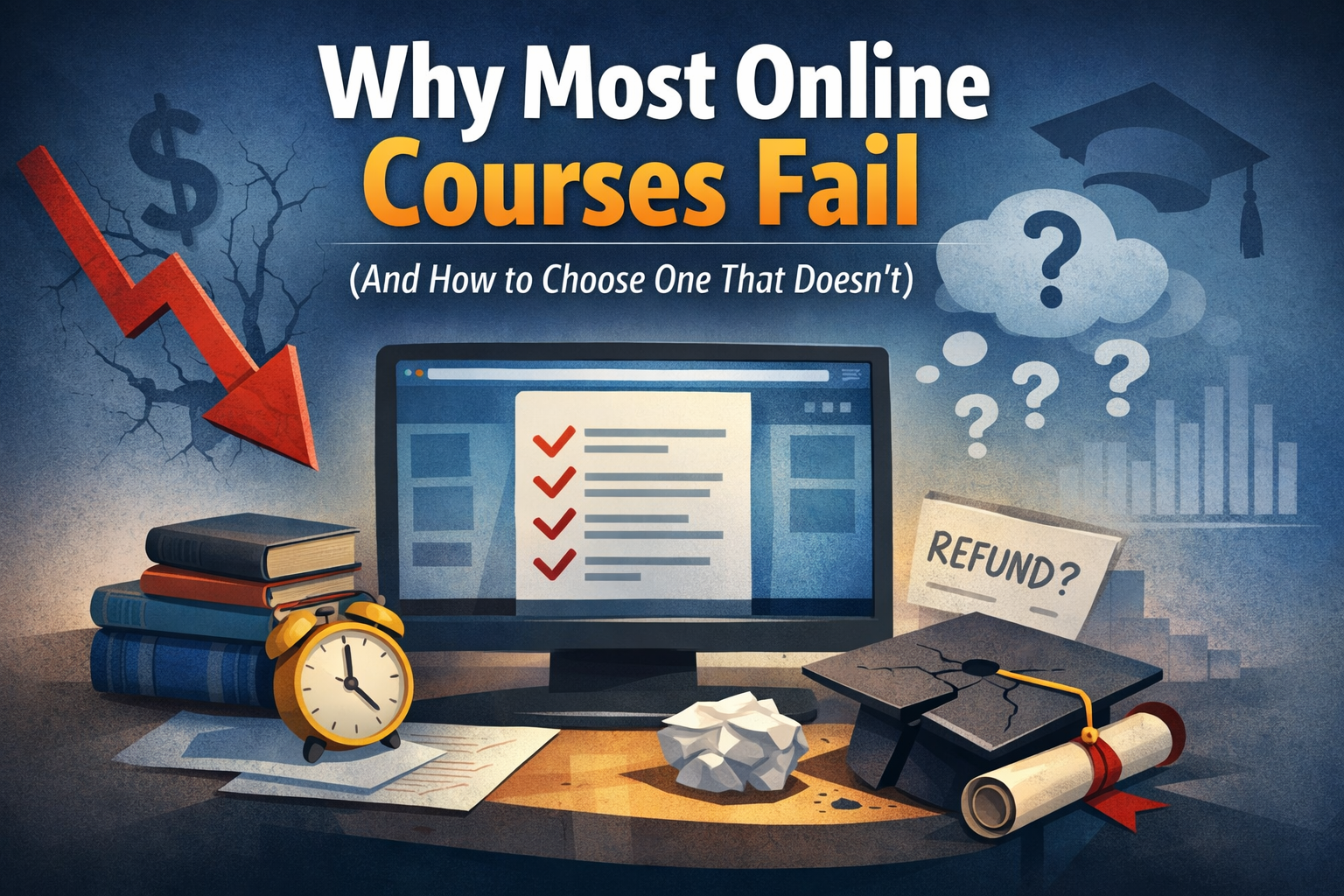 Illustration explaining why most online courses fail and how to choose one that fits your goals